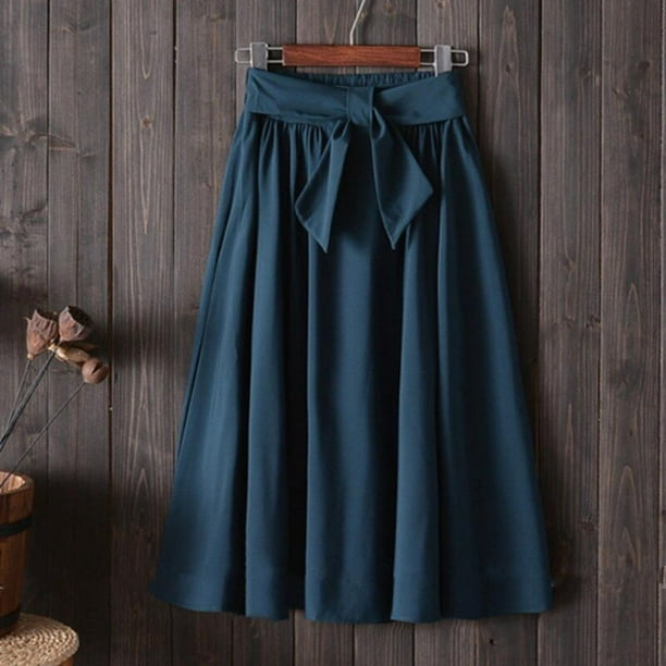 Women Elegant High Waist Solid Knee Length Zipper Casual A-Line Skirt 